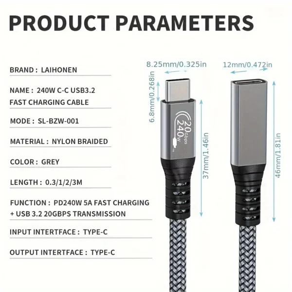 USB C extension cable 10ft 240W charging 20Gbps data transmission 4K Video USBC 3.2 Type C extension cable mobile phone etc