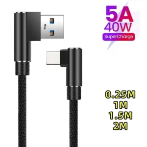 40W 5A Fast Charge USB C Cable 90 Degree Right Angle Elbow Braided Nylon Cord Durable Long Phone Charging Data Sync Wire