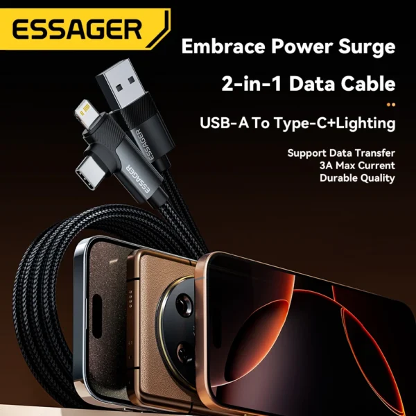 kf-S947f3c115ff944d2b9cf8366e6b62c00M Essager 2-in-1 Right Angle Cable USB A To Typec Lighting 3A Fast Charging Elbow Data Cable For iPhone 16 15 14 Samsung iPad Pro